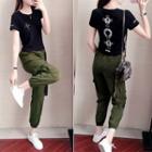 Short-sleeve Graphic Print T-shirt / Harem Cargo Pants / Set