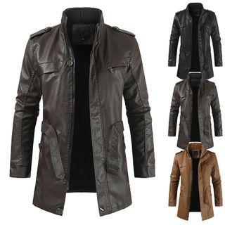 Faux-leather Fleece-lined Trench Coat