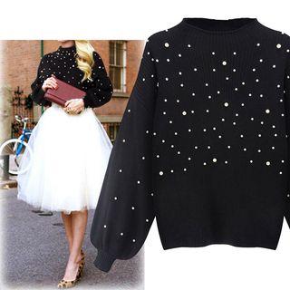 Faux Pearl Mock-neck Sweater