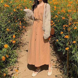 Balloon-sleeve Midi A-line Dress Tangerine - One Size