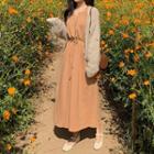 Balloon-sleeve Midi A-line Dress Tangerine - One Size
