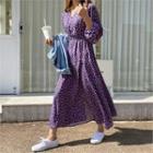Floral Print Gathered-waist Midi Dress Purple - One Size