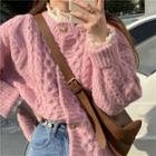 Round-neck Cable-knit Cardigan Pink - One Size