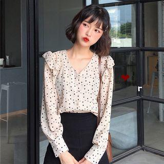 Dot Frilled Long-sleeve Loose-fit Blouse Almond - One Size
