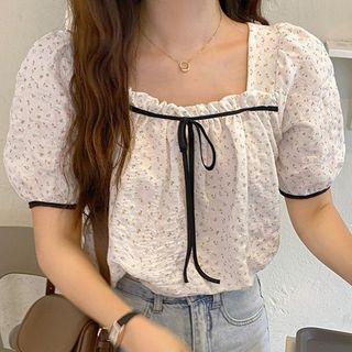 Puff-sleeve Floral Print Tie-front Blouse