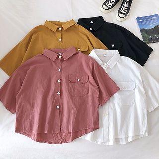 Plain Single-breasted Short-sleeve Cargo Blouse