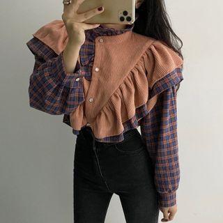 Long-sleeve Ruffled Plaid Corduroy Panel Top
