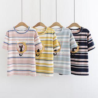 Short-sleeve Striped Cat Embroidered T-shirt