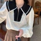 Long-sleeve Wide Collar Zip Blouse Black & White - One Size