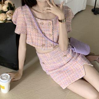 Short-sleeve Double-breasted Tweed Top / Mini Skirt