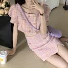 Short-sleeve Double-breasted Tweed Top / Mini Skirt
