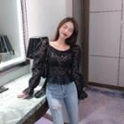 Long-sleeve Lace Cropped Blouse Black - One Size