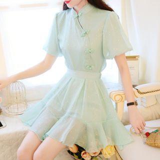 Set: Short-sleeve Frog Buttoned Top + Mini Skirt
