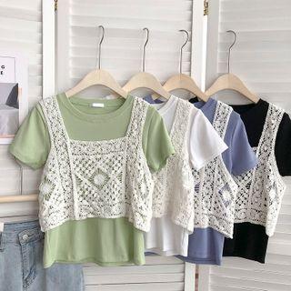 Set: Short-sleeve Plain T-shirt + Crochet Cropped Camisole Top