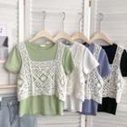 Set: Short-sleeve Plain T-shirt + Crochet Cropped Camisole Top