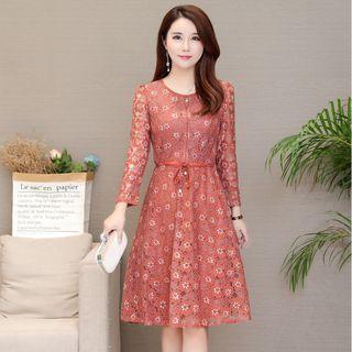 Long-sleeve Drawstring Waist Lace Dress