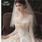 3/4-sleeve Dotted Mesh Ruffle A-line Wedding Gown