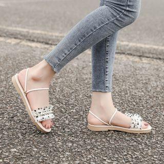 Faux Pearl Dotted Mesh Flat Sandals