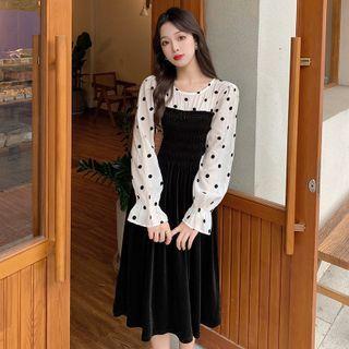 Long-sleeve Dotted Mock Two-piece Midi A-line Dress