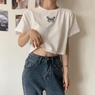 Butterfly Embroidered Elbow-sleeve Cropped T-shirt