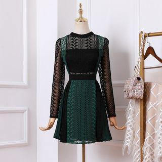 Color Panel Long-sleeve Lace A-line Mini Dress