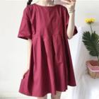 Plain Short-sleeve A-line Dress Red - One Size