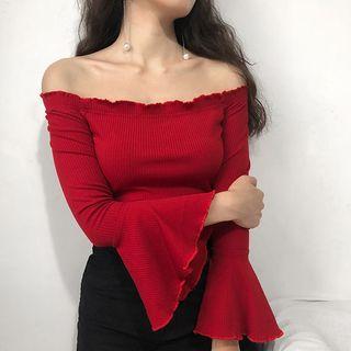 Off-shoulder Puff-sleeve Knit Top