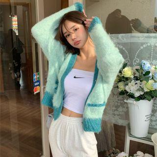 Long-sleeve Color Block Cardigan Green - One Size