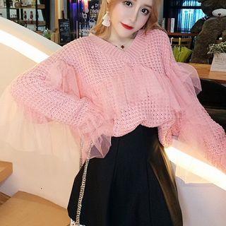 V-neck Mesh Panel Sweater / High Waist A-line Skirt