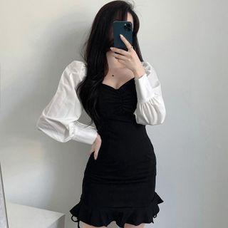 Long-sleeve Square Neck Ruffle Hem Ruched Drawstring Mini Dress