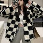 Checkered Fluffy Jacket Milky White & Black - One Size