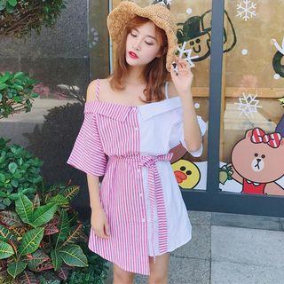 Striped Panel Off Shoulder Elbow Sleeve Shirt Dress