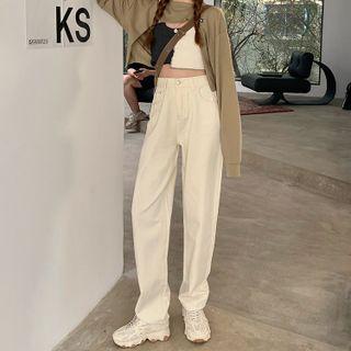 High-waist Plain Loose Fit Straight Leg Jeans