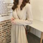 Plain V-neck Ruched Long-sleeve Dress Almond - One Size