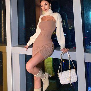 Spaghetti Strap Mini Sheath Dress / Turtleneck Cropped Sweater