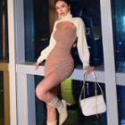 Spaghetti Strap Mini Sheath Dress / Turtleneck Cropped Sweater