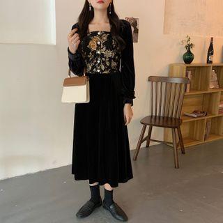 Puff-sleeve Floral Velvet Dress Black - One Size