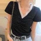 V-neck Lace Trim T-shirt Black - One Size