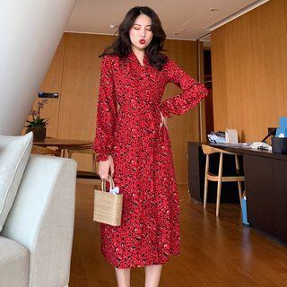 Long-sleeve Leopard Print Midi Dress Red - One Size