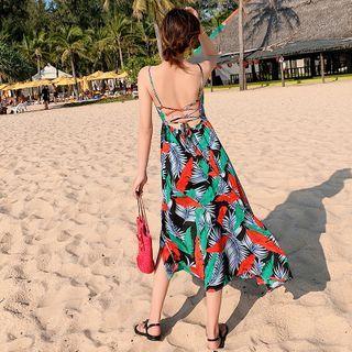 Spaghetti Strap Open-back Leaf Print A-line Midi Dress