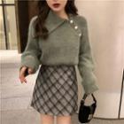 Side-buttoned Collared Sweater / Argyle Print A-line Skirt