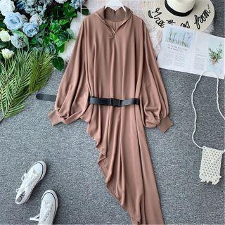 Asymmetric-hem Stand-collar Long-sleeve Dress