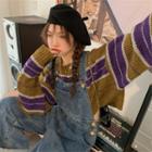 Long-sleeve Color-block Sweater Purple - One Size
