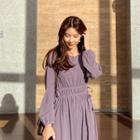 Tie-waist Shirred Long Dress Purple - One Size