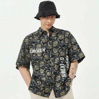 Lettering Printed Elbow-sleeve Shirt