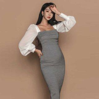 Puff-sleeve Two Tone Sheath Dress