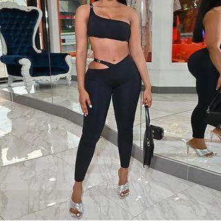 Set: One-shoulder Crop Tank Top + High-waist Skinny Pants