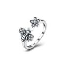925 Sterling Silver Vintage Little Bee And Flower Cubic Zircon Adjustable Opening Ring Silver - One Size