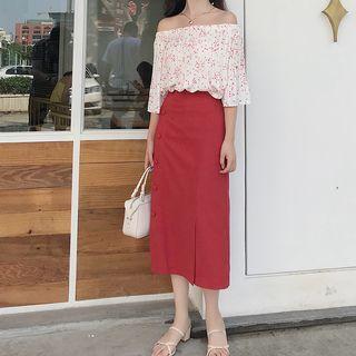 Pleated Off-shoulder Top / Midi Skirt