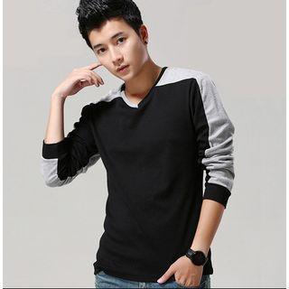 Two-tone V-neck Long-sleeve T-shirt